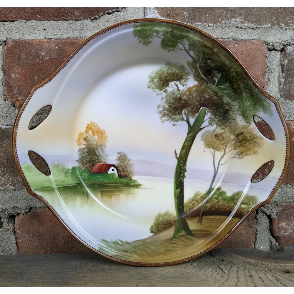Nippon Bowl Dish Morimura Hand Painted Landscape Antique Reticulated Porcelain